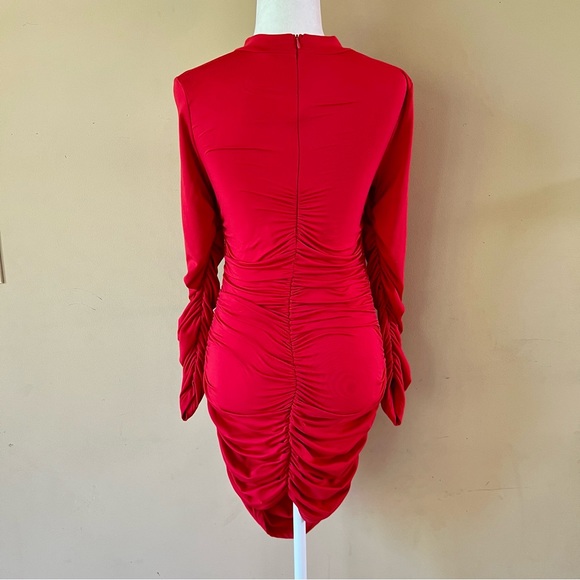 DAAWENXI Medium Sexy Long Sleeve Cut Out Bodycon Ruched Party Club Red Dress - Picture 5 of 6